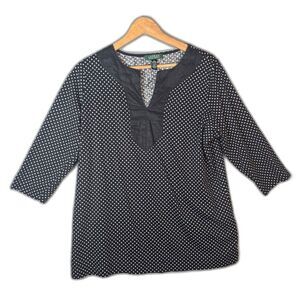 Lauren Ralph Lauren Blouse 1X Black White Polka Dot Cotton V Neck Top